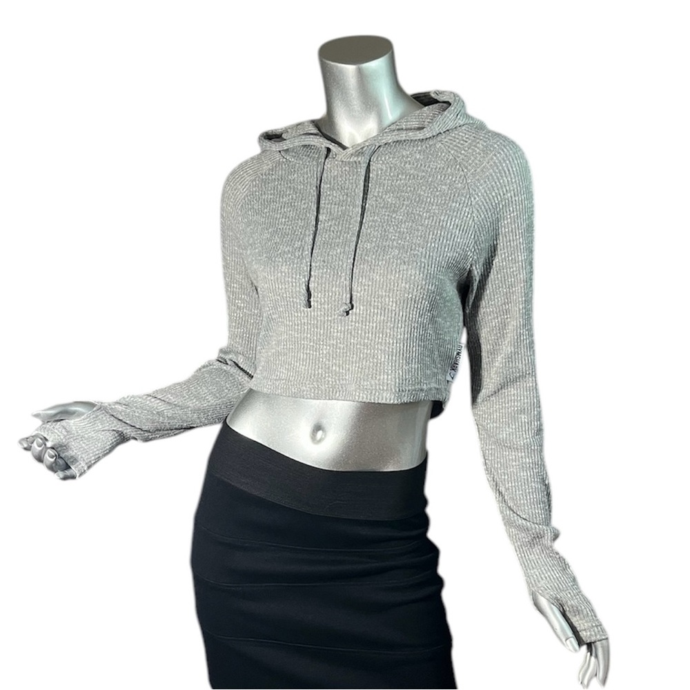 Gymshark XS Grey Ribbed Cropped Hoodie Sweatshirt Thumb Holes